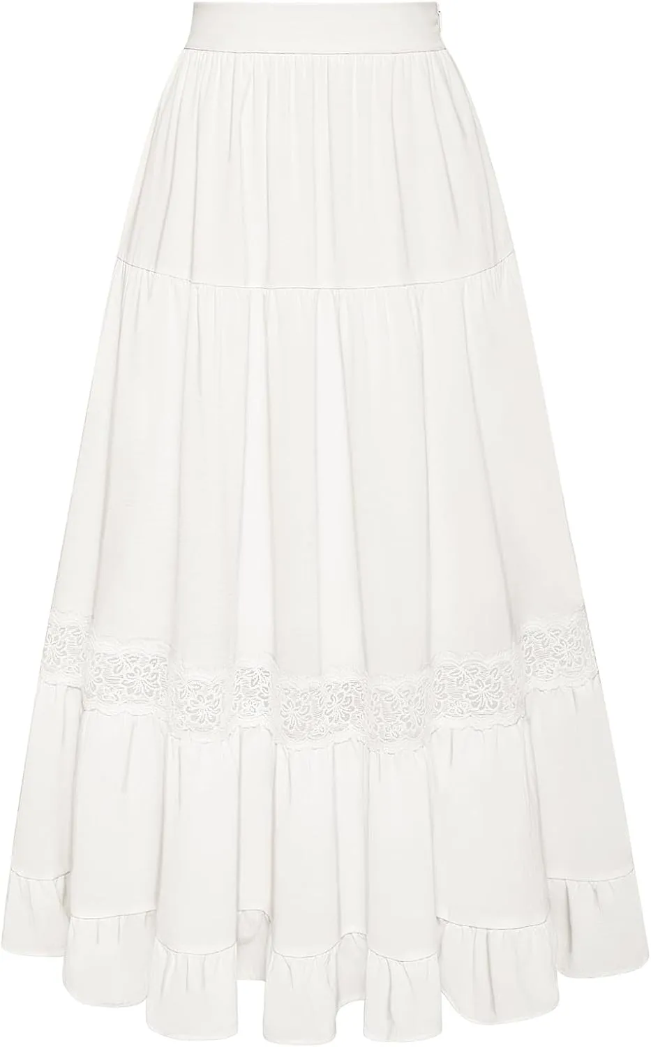 Belle Poque Women's Midi Skirt Boho Flowy Spring Summer Elastic Waist Aline Ruffle Lace Tiered Skirt with Pockets 2025
