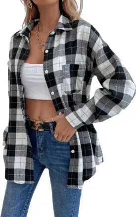 Blostirno Womens Plaid Button Down Shirts Flannel Long Sleeve Casual Shackets Dressy Loose Blouse Tops
