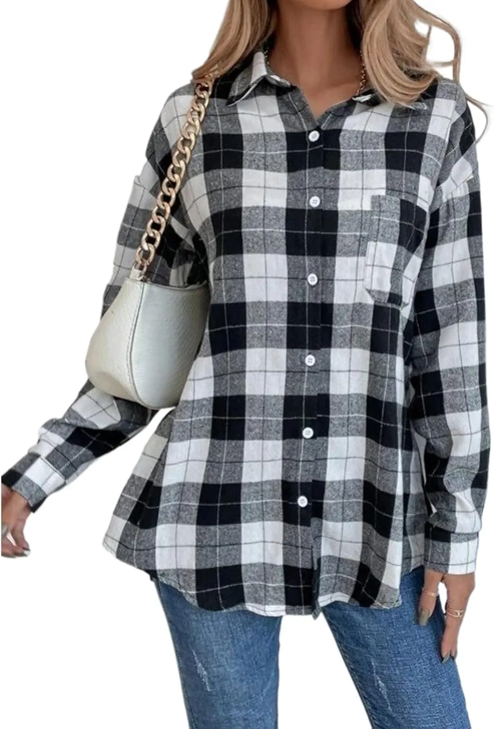 Blostirno Womens Plaid Button Down Shirts Flannel Long Sleeve Casual Shackets Dressy Loose Blouse Tops