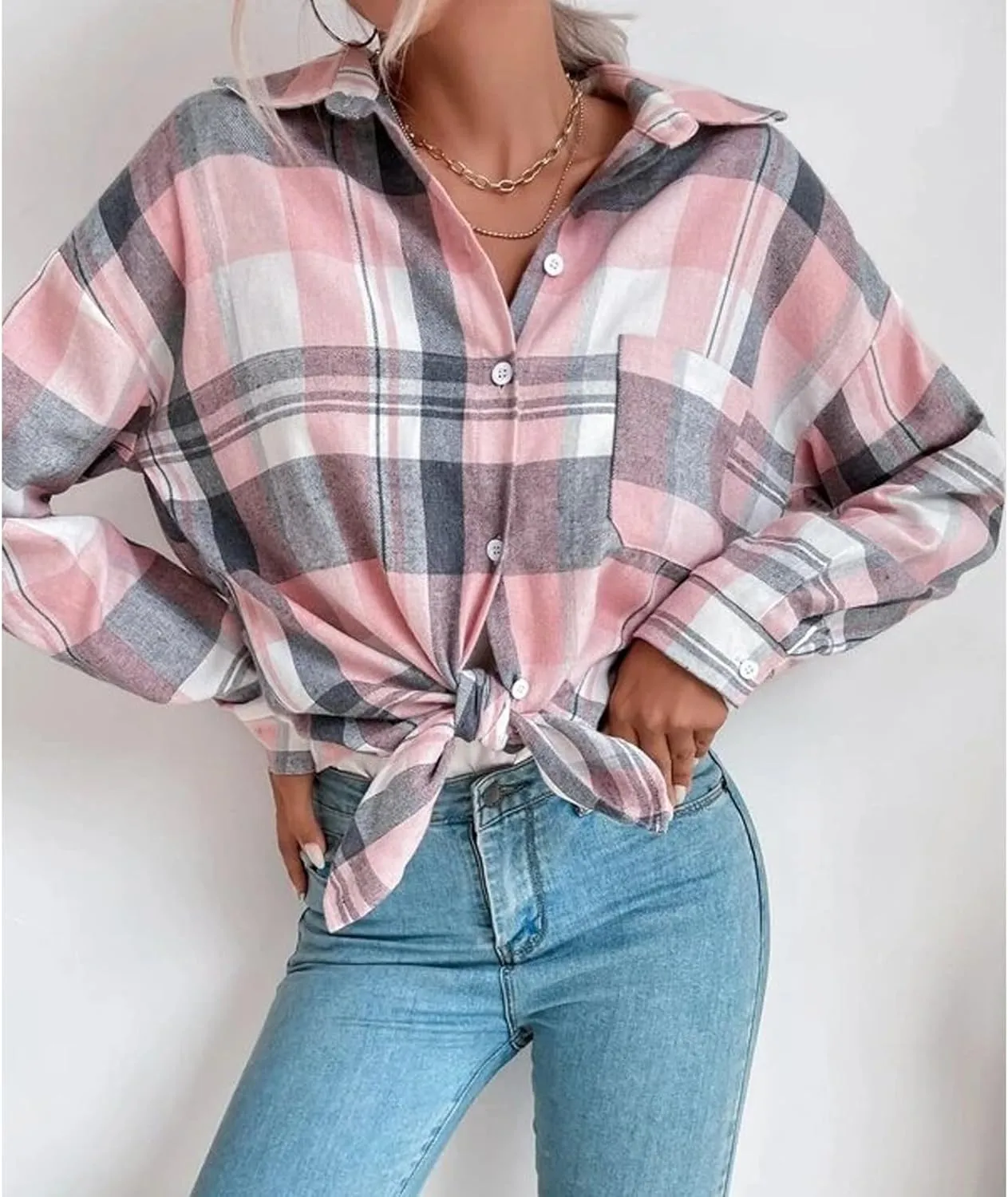 Blostirno Womens Plaid Button Down Shirts Flannel Long Sleeve Casual Shackets Dressy Loose Blouse Tops