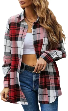Blostirno Womens Plaid Button Down Shirts Flannel Long Sleeve Casual Shackets Dressy Loose Blouse Tops