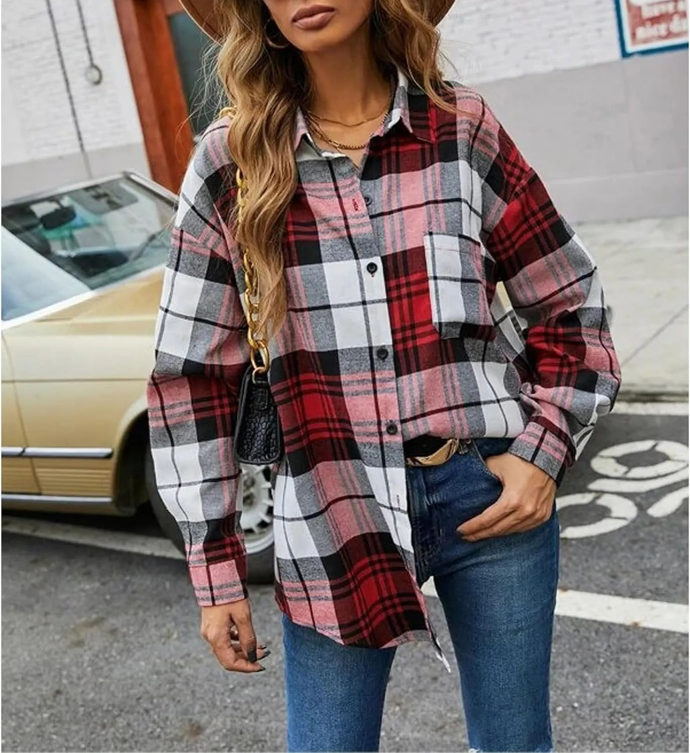 Blostirno Womens Plaid Button Down Shirts Flannel Long Sleeve Casual Shackets Dressy Loose Blouse Tops