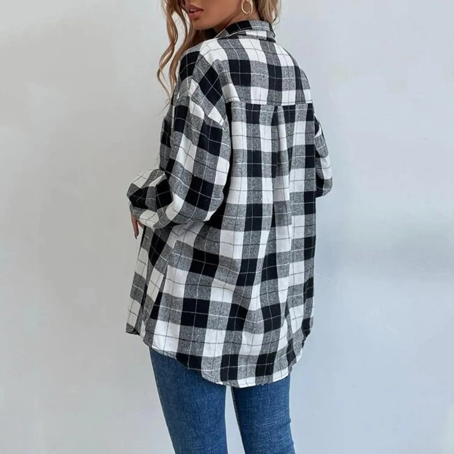 Blostirno Womens Plaid Button Down Shirts Flannel Long Sleeve Casual Shackets Dressy Loose Blouse Tops