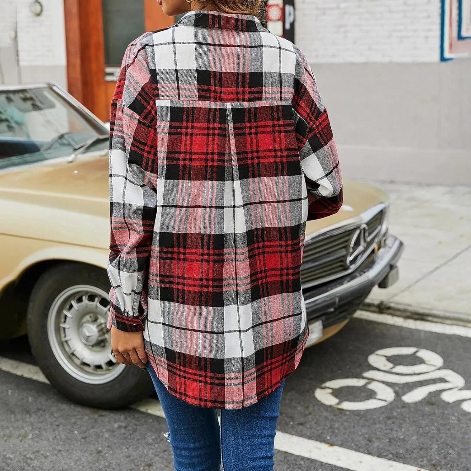 Blostirno Womens Plaid Button Down Shirts Flannel Long Sleeve Casual Shackets Dressy Loose Blouse Tops