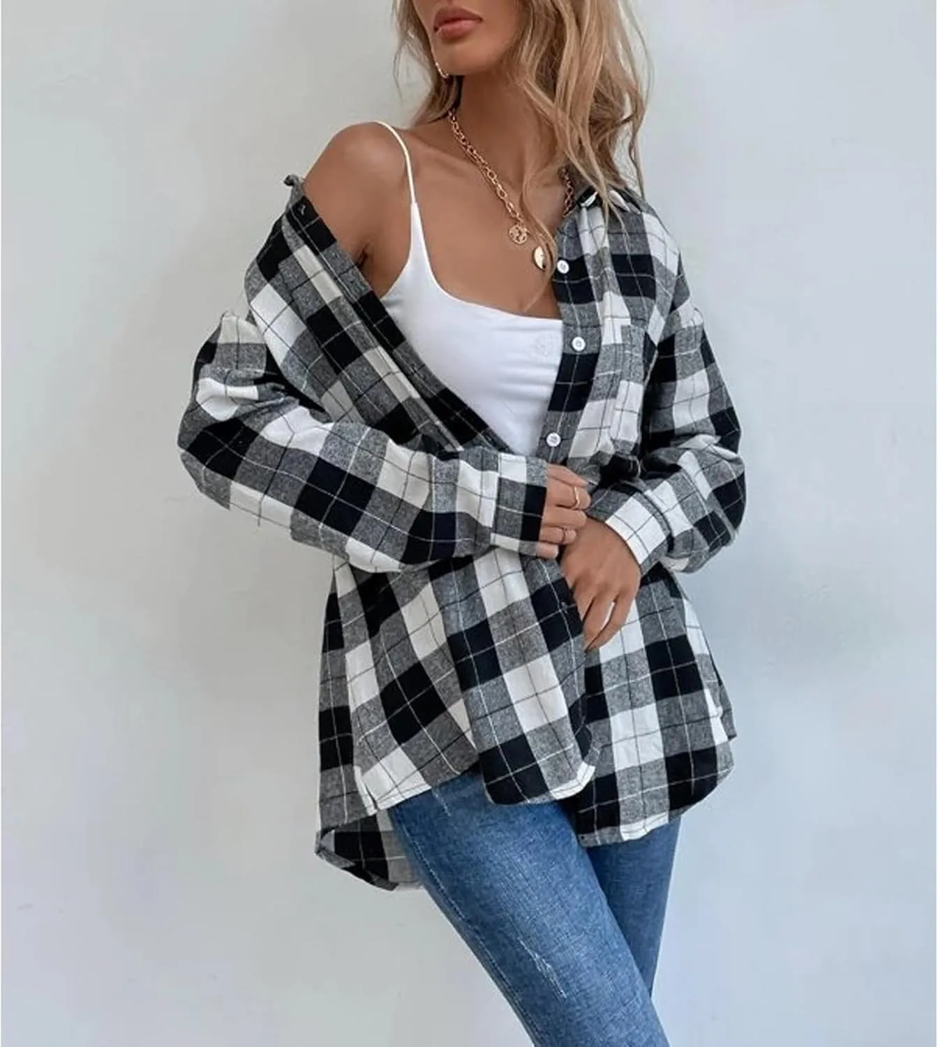 Blostirno Womens Plaid Button Down Shirts Flannel Long Sleeve Casual Shackets Dressy Loose Blouse Tops