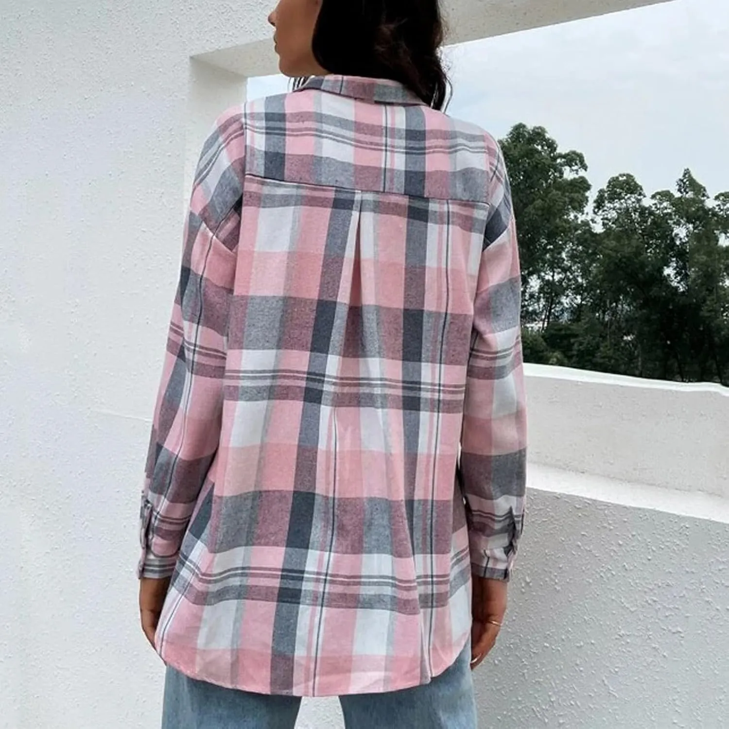 Blostirno Womens Plaid Button Down Shirts Flannel Long Sleeve Casual Shackets Dressy Loose Blouse Tops