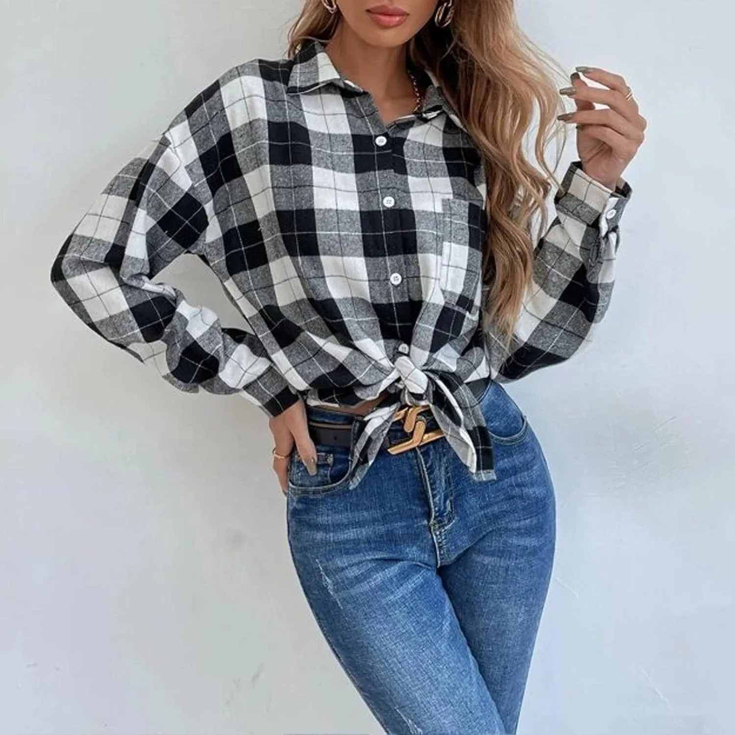 Blostirno Womens Plaid Button Down Shirts Flannel Long Sleeve Casual Shackets Dressy Loose Blouse Tops