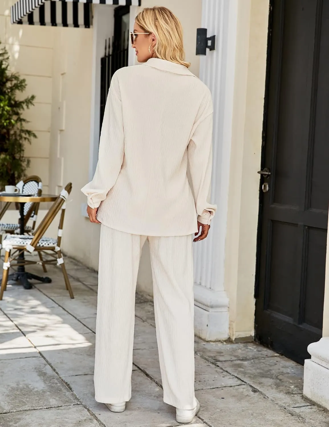 BLUEMING Women Two Piece Casual Outfits Y2K Loungewear Pleated Wide Leg Pants Long Sleeve Button Down Shirt Streetwear Set