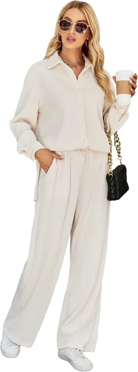 BLUEMING Women Two Piece Casual Outfits Y2K Loungewear Pleated Wide Leg Pants Long Sleeve Button Down Shirt Streetwear Set