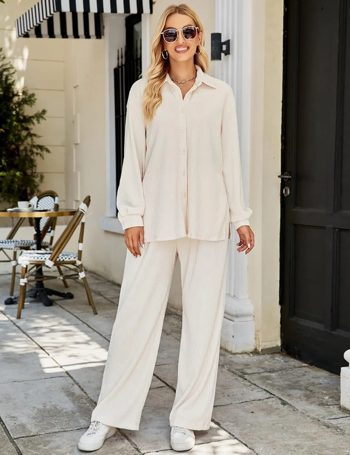 BLUEMING Women Two Piece Casual Outfits Y2K Loungewear Pleated Wide Leg Pants Long Sleeve Button Down Shirt Streetwear Set