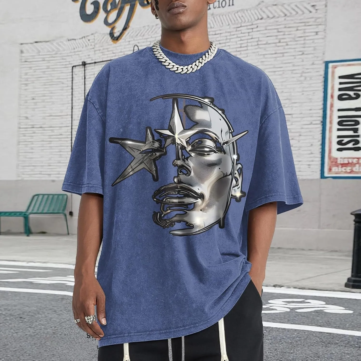Bobeutou Men's Graphic Tees Acid Wash Tshirt Oversized T-Shirt Vintage Shirt Streetwear Casual Cotton Loose Fit Tee Tops