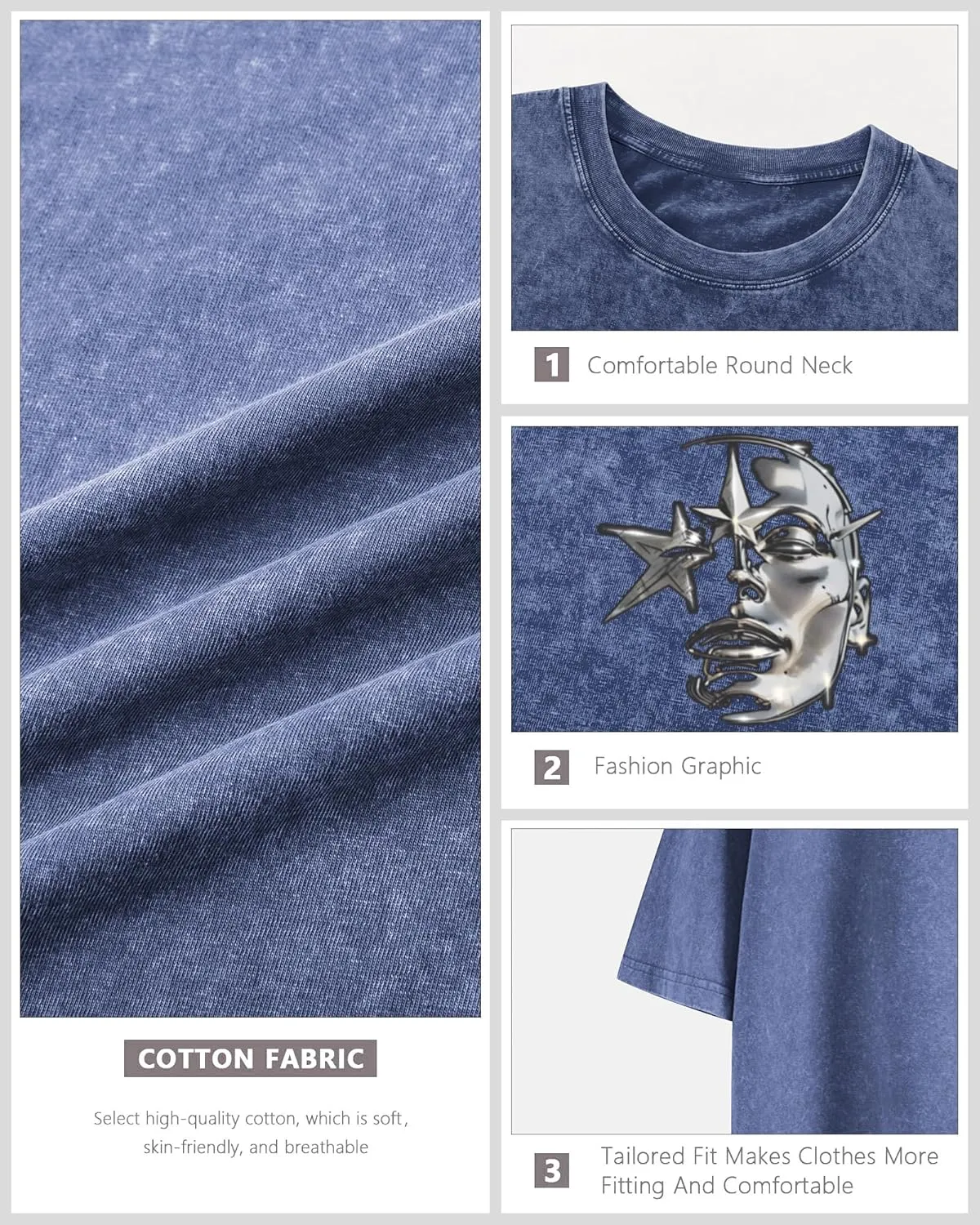 Bobeutou Men's Graphic Tees Acid Wash Tshirt Oversized T-Shirt Vintage Shirt Streetwear Casual Cotton Loose Fit Tee Tops