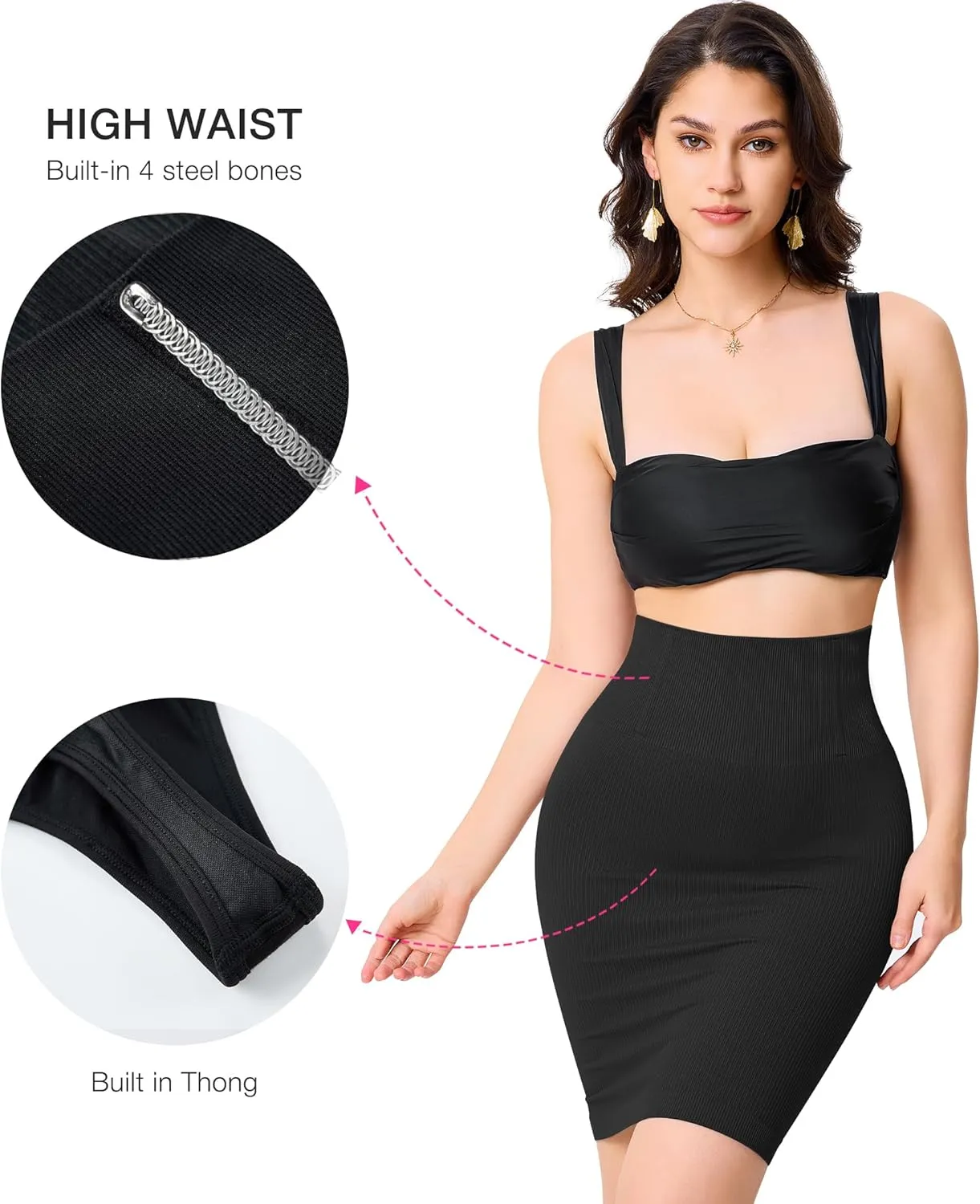 BRABIC High Waisted Mini Pencil Skirts for Women Tummy Control Bodycon Ribbed Short Skirt with Built in Thong