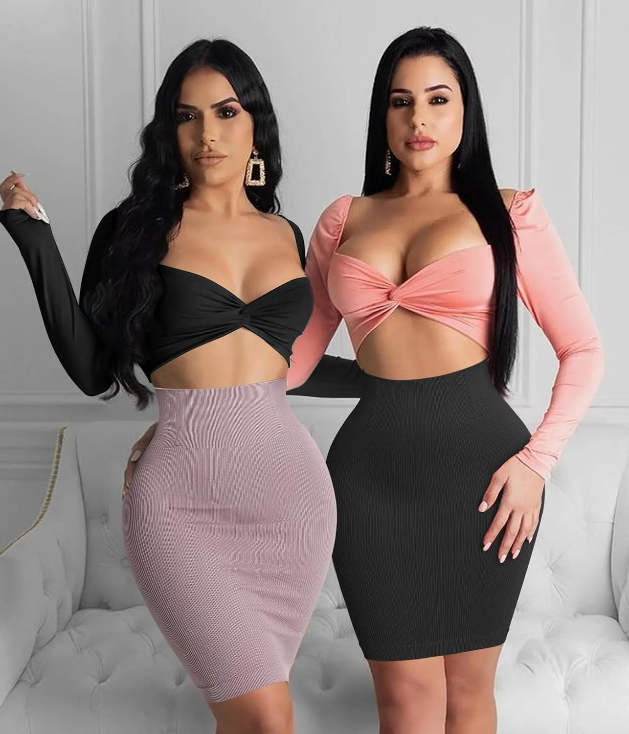 BRABIC High Waisted Mini Pencil Skirts for Women Tummy Control Bodycon Ribbed Short Skirt with Built in Thong