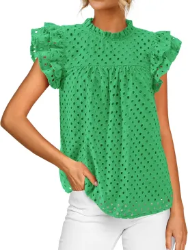 BTFBM Casual Summer Tops for Women 2025 Short Ruffle Sleeves Shirts Crew Neck Hollow Out Lace Embroidered Blouses