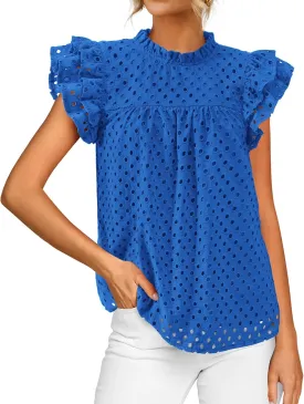 BTFBM Casual Summer Tops for Women 2025 Short Ruffle Sleeves Shirts Crew Neck Hollow Out Lace Embroidered Blouses