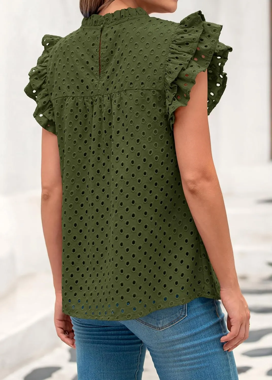 BTFBM Casual Summer Tops for Women 2025 Short Ruffle Sleeves Shirts Crew Neck Hollow Out Lace Embroidered Blouses