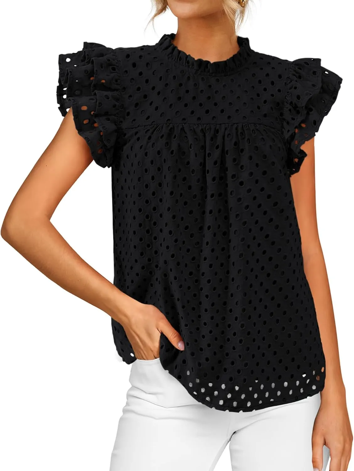 BTFBM Casual Summer Tops for Women 2025 Short Ruffle Sleeves Shirts Crew Neck Hollow Out Lace Embroidered Blouses
