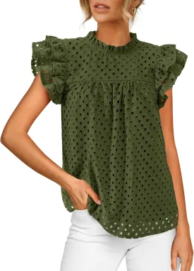 BTFBM Casual Summer Tops for Women 2025 Short Ruffle Sleeves Shirts Crew Neck Hollow Out Lace Embroidered Blouses