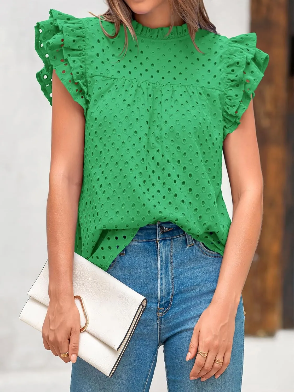 BTFBM Casual Summer Tops for Women 2025 Short Ruffle Sleeves Shirts Crew Neck Hollow Out Lace Embroidered Blouses