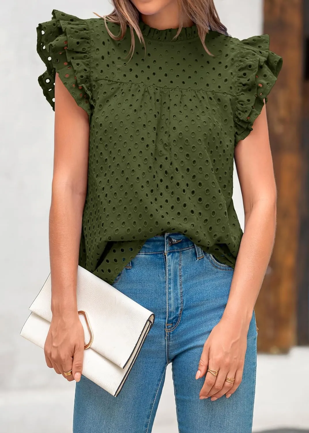 BTFBM Casual Summer Tops for Women 2025 Short Ruffle Sleeves Shirts Crew Neck Hollow Out Lace Embroidered Blouses