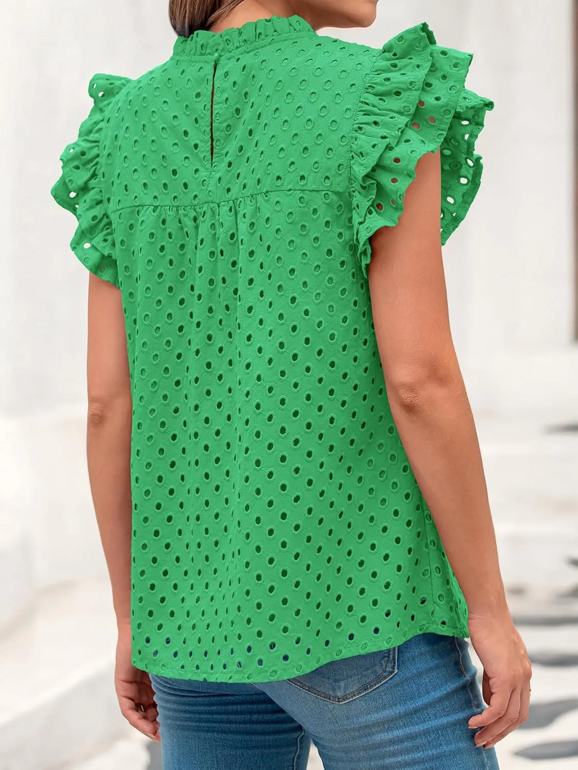 BTFBM Casual Summer Tops for Women 2025 Short Ruffle Sleeves Shirts Crew Neck Hollow Out Lace Embroidered Blouses