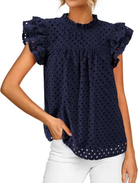 BTFBM Casual Summer Tops for Women 2025 Short Ruffle Sleeves Shirts Crew Neck Hollow Out Lace Embroidered Blouses
