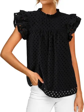 BTFBM Casual Summer Tops for Women 2025 Short Ruffle Sleeves Shirts Crew Neck Hollow Out Lace Embroidered Blouses