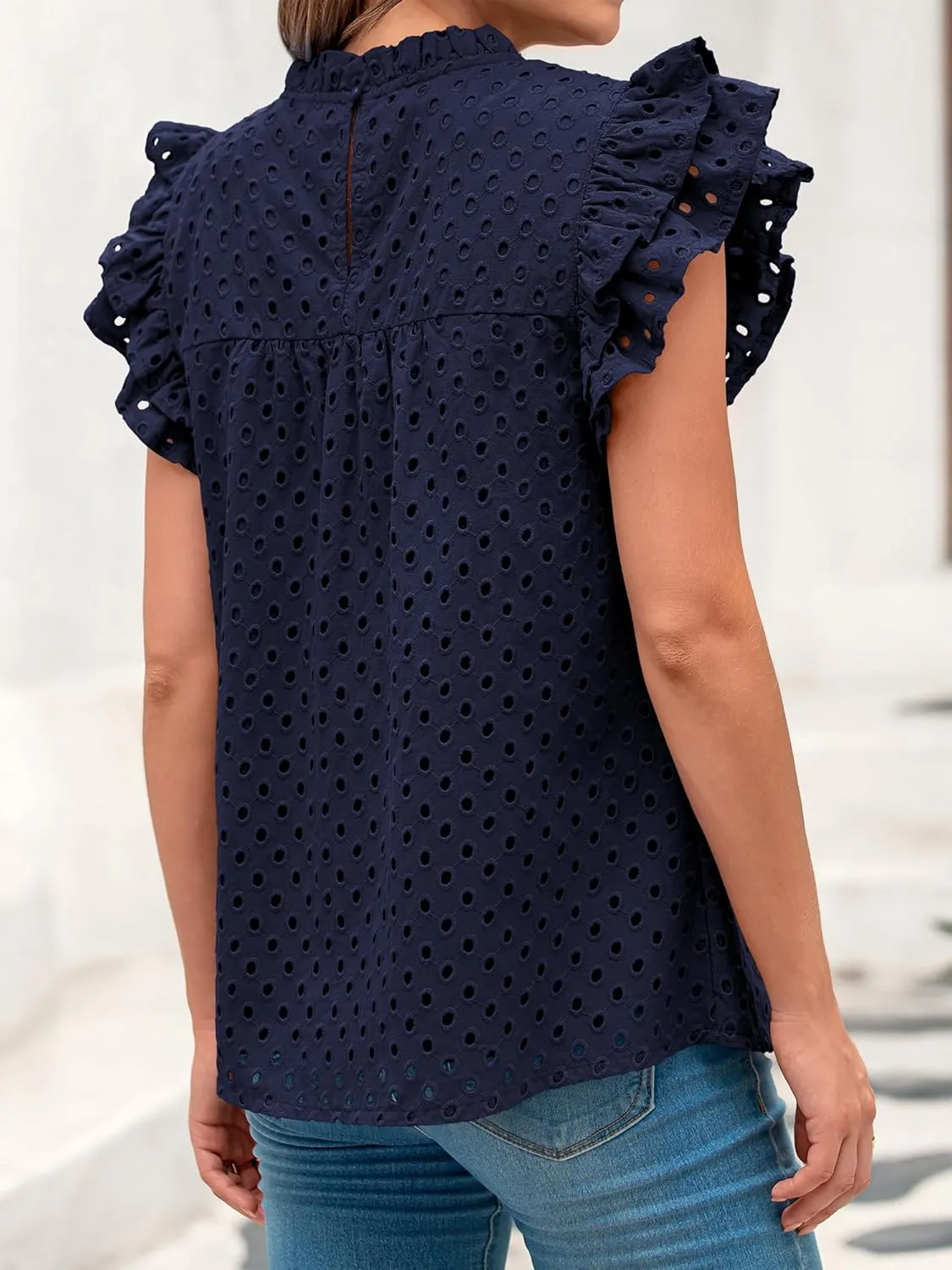 BTFBM Casual Summer Tops for Women 2025 Short Ruffle Sleeves Shirts Crew Neck Hollow Out Lace Embroidered Blouses