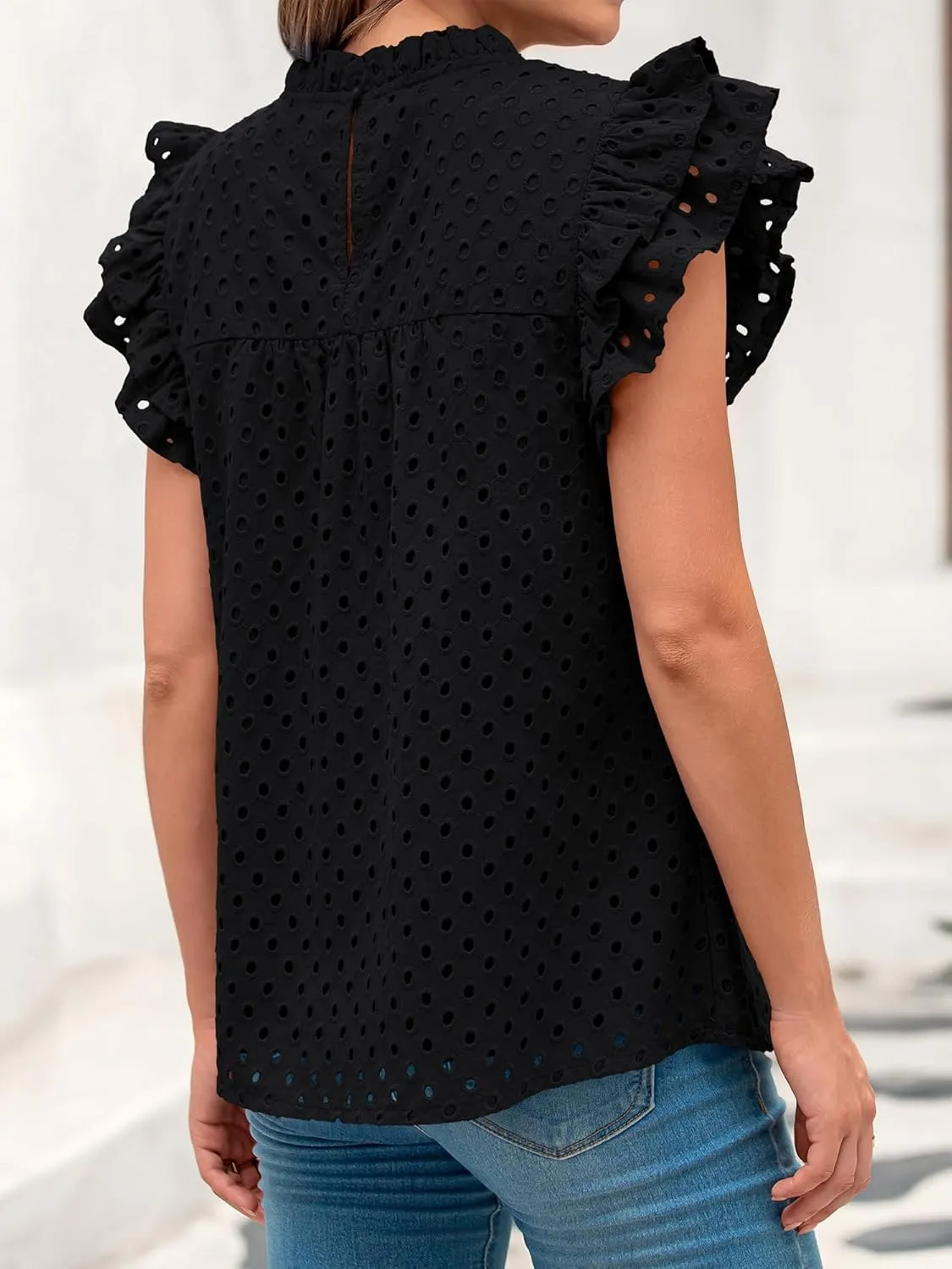 BTFBM Casual Summer Tops for Women 2025 Short Ruffle Sleeves Shirts Crew Neck Hollow Out Lace Embroidered Blouses