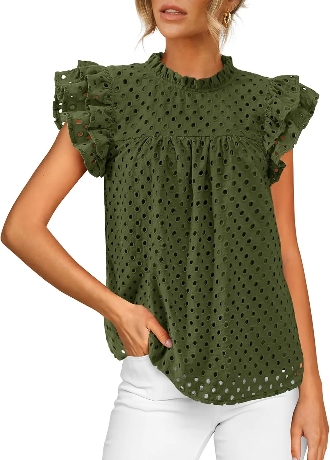 BTFBM Casual Summer Tops for Women 2025 Short Ruffle Sleeves Shirts Crew Neck Hollow Out Lace Embroidered Blouses