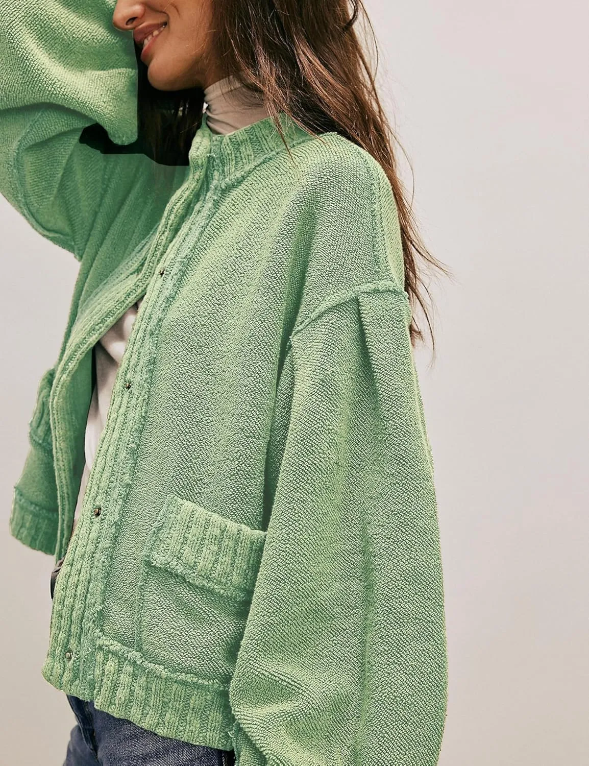 Cardigan Jacket for Women Loose Fit Ribbed Knit Trim Casual Jacket Shacket with Pockets