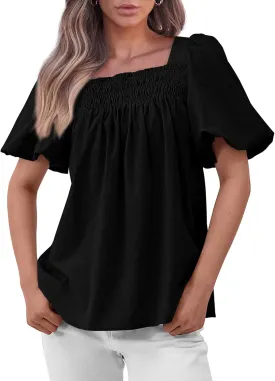 CFLONGE Women's Spring Summer Tops Dressy Casual Puffy Short Sleeve Frill Square Neck Smocked Fashion Tunic Shirts Blouses