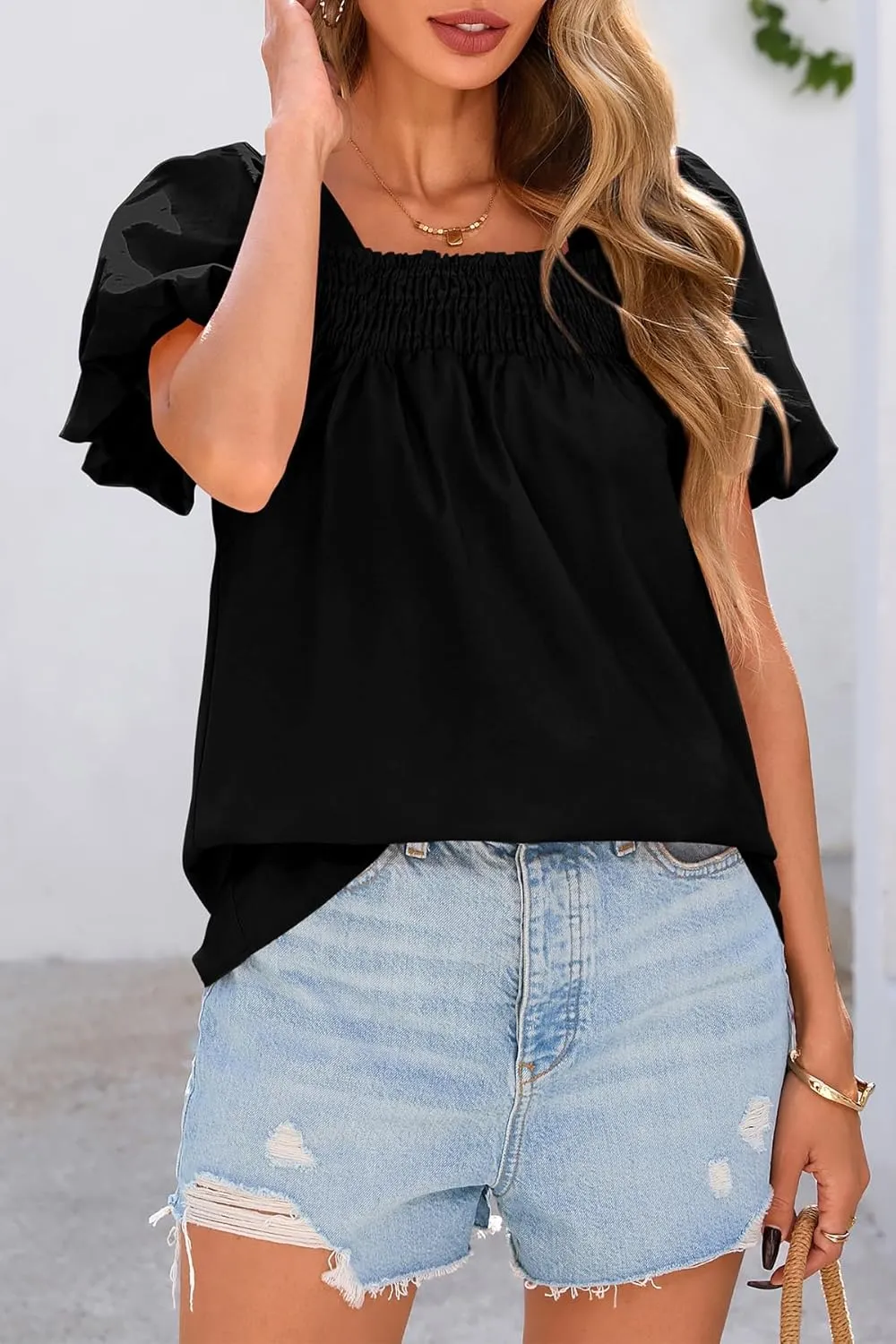 CFLONGE Women's Spring Summer Tops Dressy Casual Puffy Short Sleeve Frill Square Neck Smocked Fashion Tunic Shirts Blouses