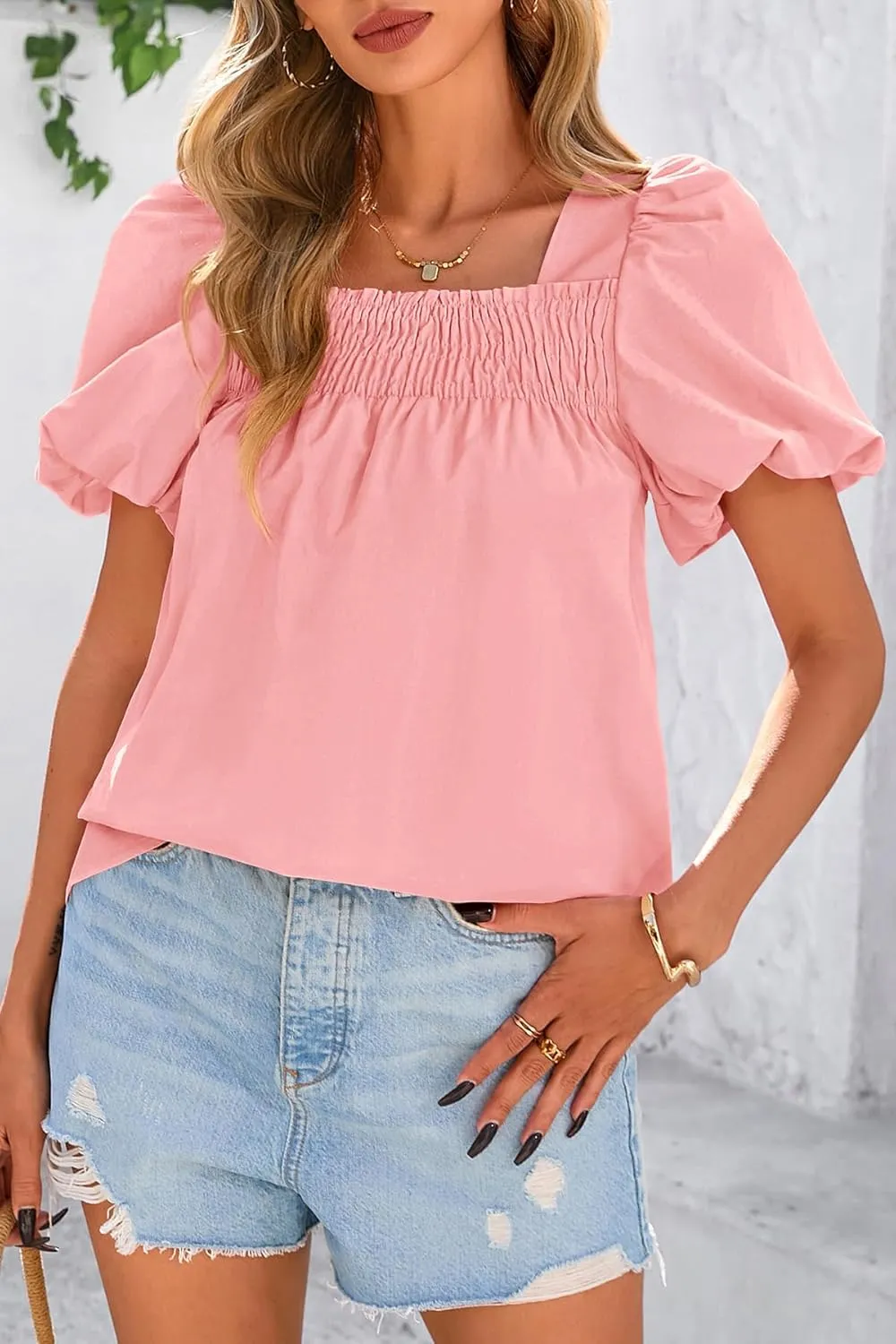 CFLONGE Women's Spring Summer Tops Dressy Casual Puffy Short Sleeve Frill Square Neck Smocked Fashion Tunic Shirts Blouses