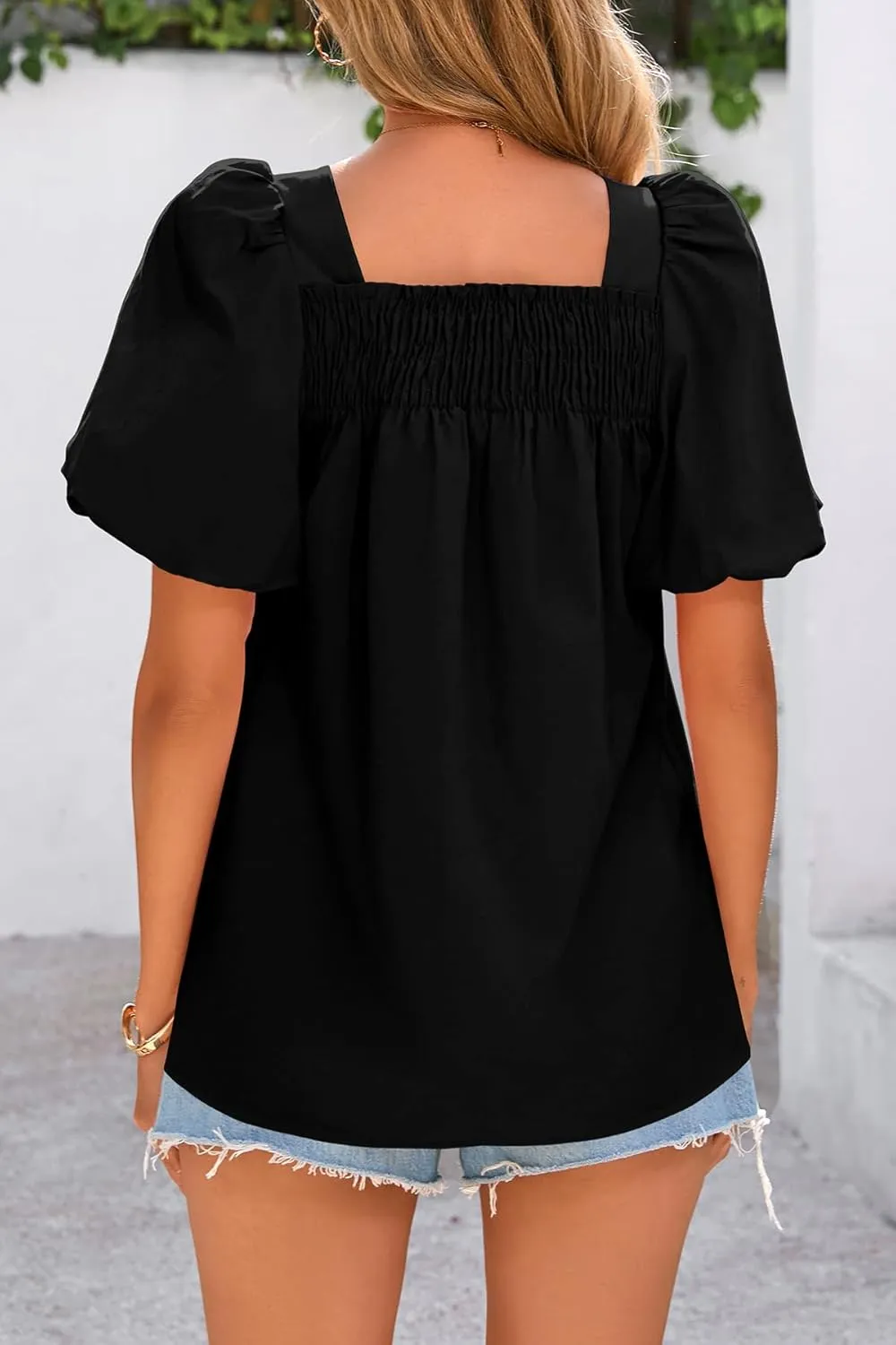 CFLONGE Women's Spring Summer Tops Dressy Casual Puffy Short Sleeve Frill Square Neck Smocked Fashion Tunic Shirts Blouses