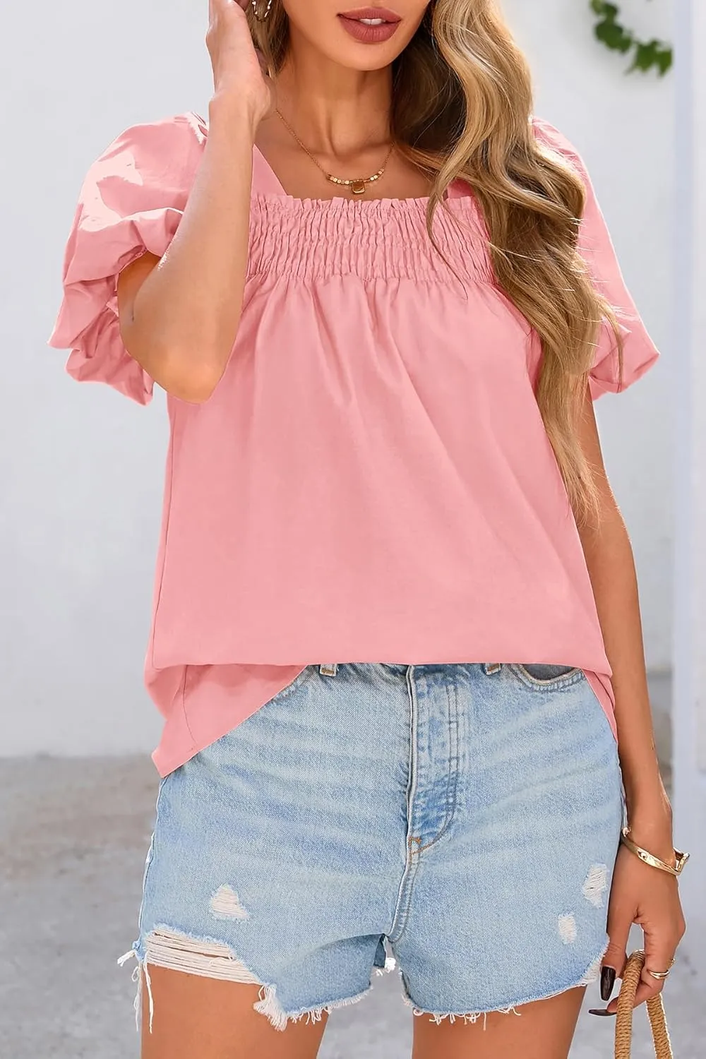 CFLONGE Women's Spring Summer Tops Dressy Casual Puffy Short Sleeve Frill Square Neck Smocked Fashion Tunic Shirts Blouses