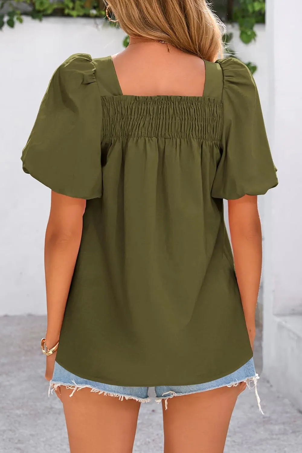 CFLONGE Women's Spring Summer Tops Dressy Casual Puffy Short Sleeve Frill Square Neck Smocked Fashion Tunic Shirts Blouses