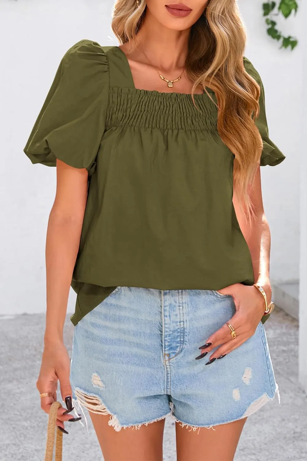 CFLONGE Women's Spring Summer Tops Dressy Casual Puffy Short Sleeve Frill Square Neck Smocked Fashion Tunic Shirts Blouses