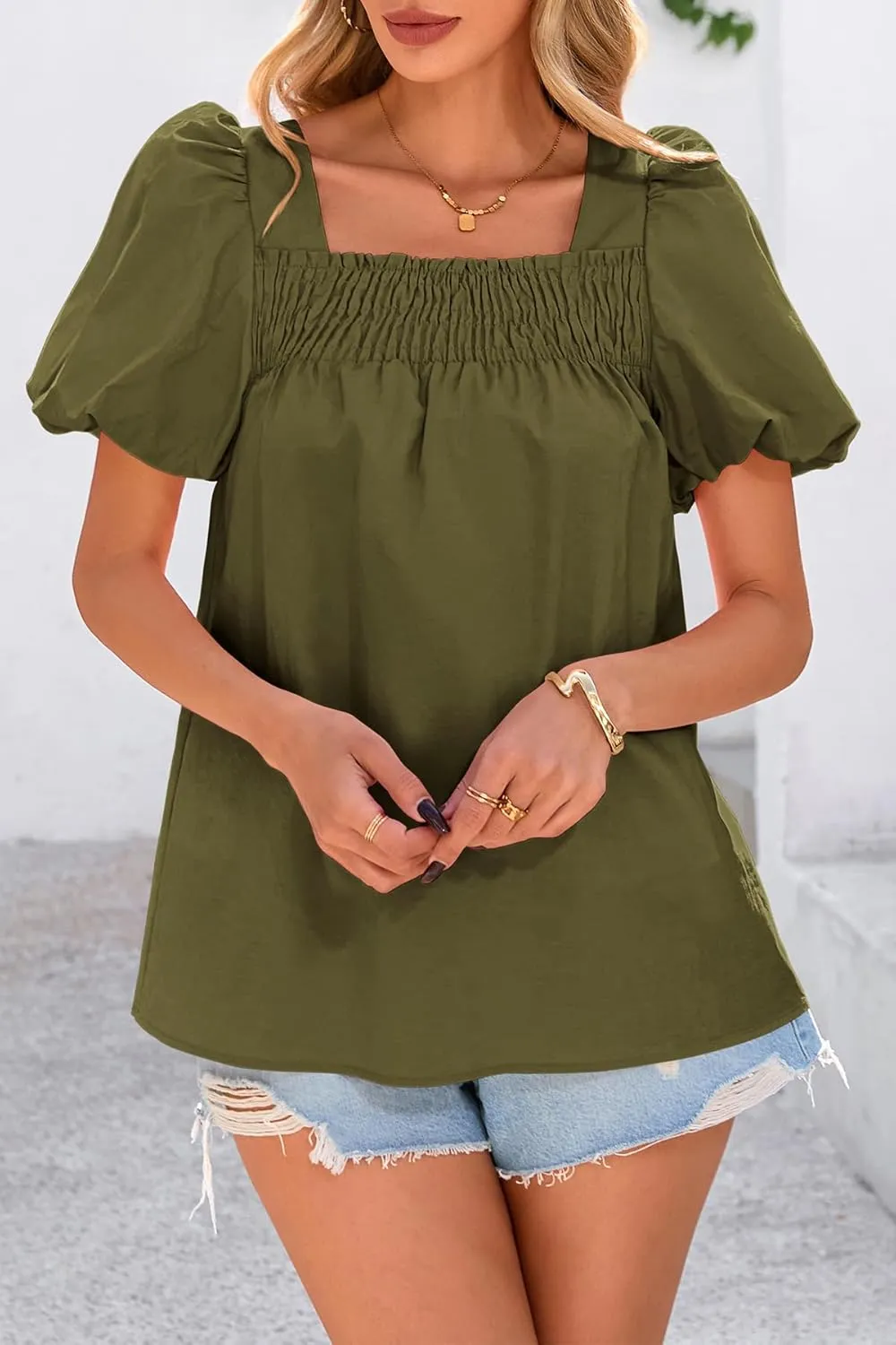 CFLONGE Women's Spring Summer Tops Dressy Casual Puffy Short Sleeve Frill Square Neck Smocked Fashion Tunic Shirts Blouses