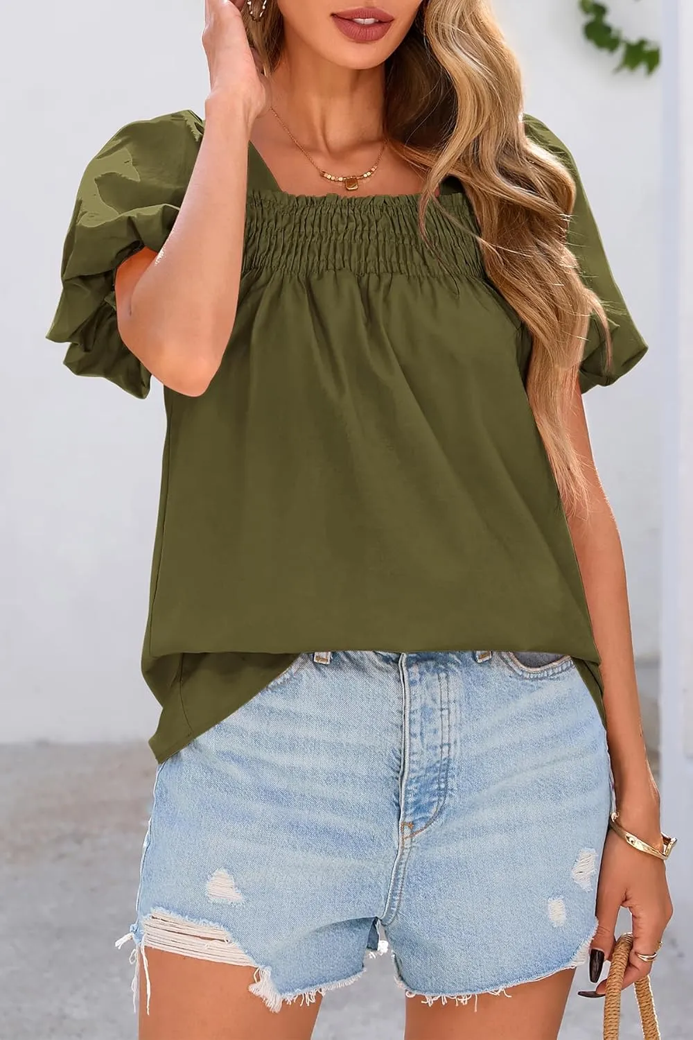 CFLONGE Women's Spring Summer Tops Dressy Casual Puffy Short Sleeve Frill Square Neck Smocked Fashion Tunic Shirts Blouses