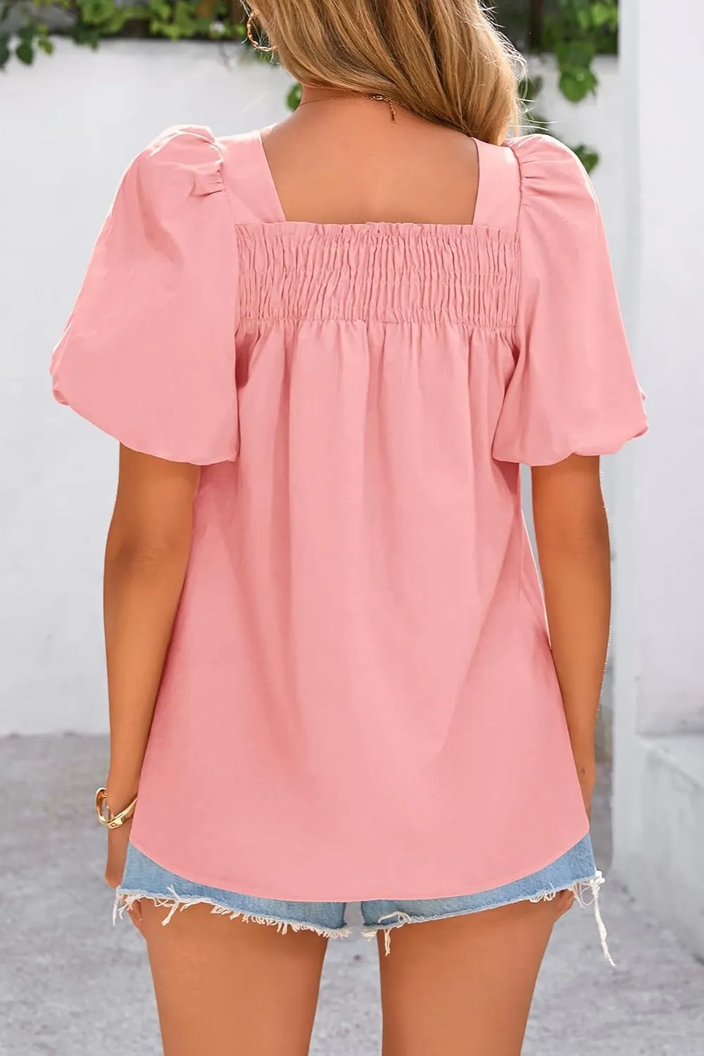 CFLONGE Women's Spring Summer Tops Dressy Casual Puffy Short Sleeve Frill Square Neck Smocked Fashion Tunic Shirts Blouses