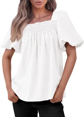 CFLONGE Women's Spring Summer Tops Dressy Casual Puffy Short Sleeve Frill Square Neck Smocked Fashion Tunic Shirts Blouses
