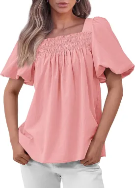 CFLONGE Women's Spring Summer Tops Dressy Casual Puffy Short Sleeve Frill Square Neck Smocked Fashion Tunic Shirts Blouses
