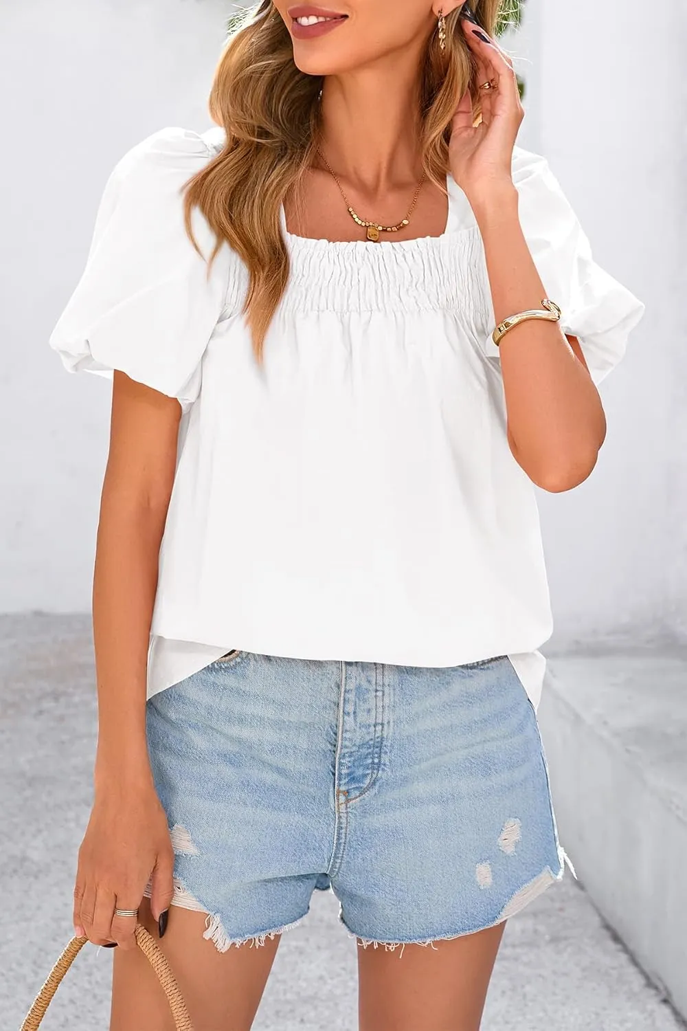 CFLONGE Women's Spring Summer Tops Dressy Casual Puffy Short Sleeve Frill Square Neck Smocked Fashion Tunic Shirts Blouses