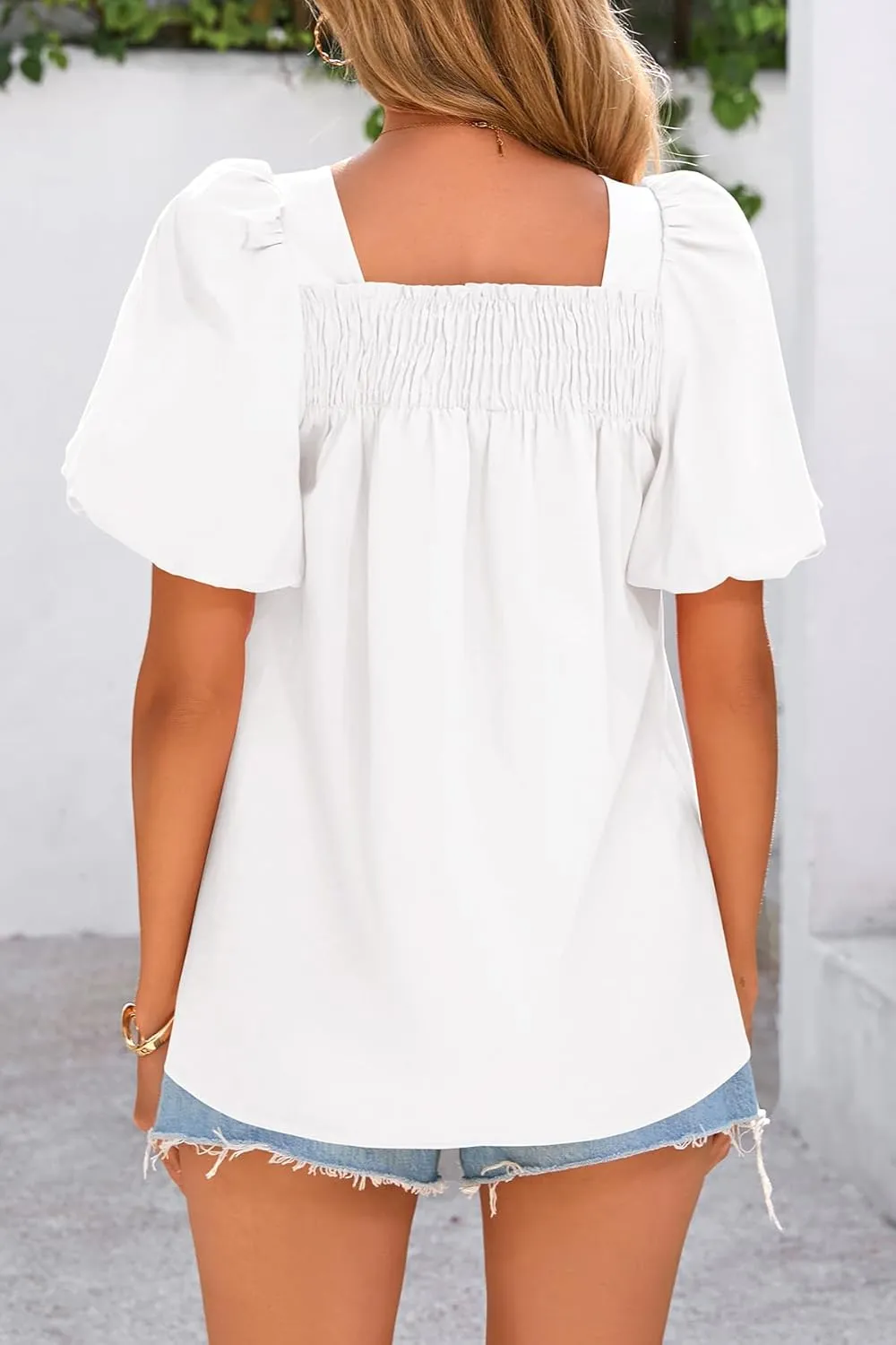 CFLONGE Women's Spring Summer Tops Dressy Casual Puffy Short Sleeve Frill Square Neck Smocked Fashion Tunic Shirts Blouses
