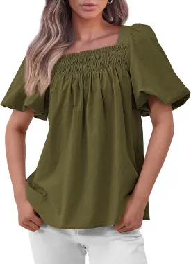 CFLONGE Women's Spring Summer Tops Dressy Casual Puffy Short Sleeve Frill Square Neck Smocked Fashion Tunic Shirts Blouses