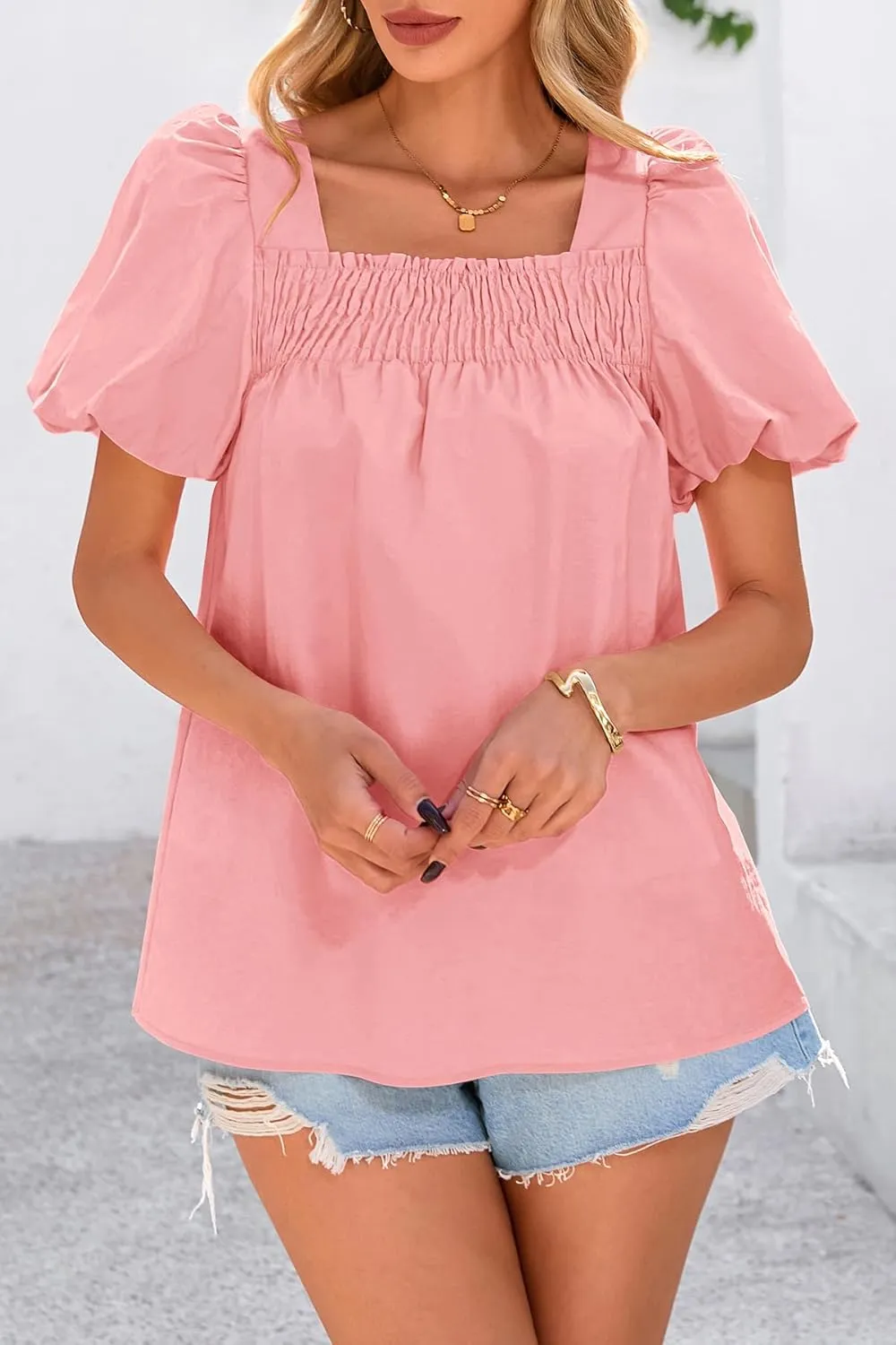 CFLONGE Women's Spring Summer Tops Dressy Casual Puffy Short Sleeve Frill Square Neck Smocked Fashion Tunic Shirts Blouses