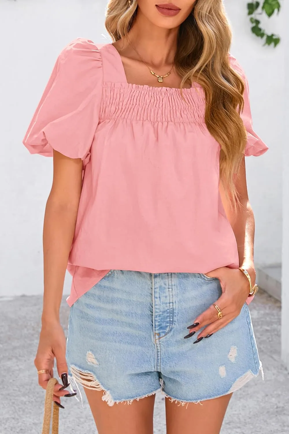 CFLONGE Women's Spring Summer Tops Dressy Casual Puffy Short Sleeve Frill Square Neck Smocked Fashion Tunic Shirts Blouses