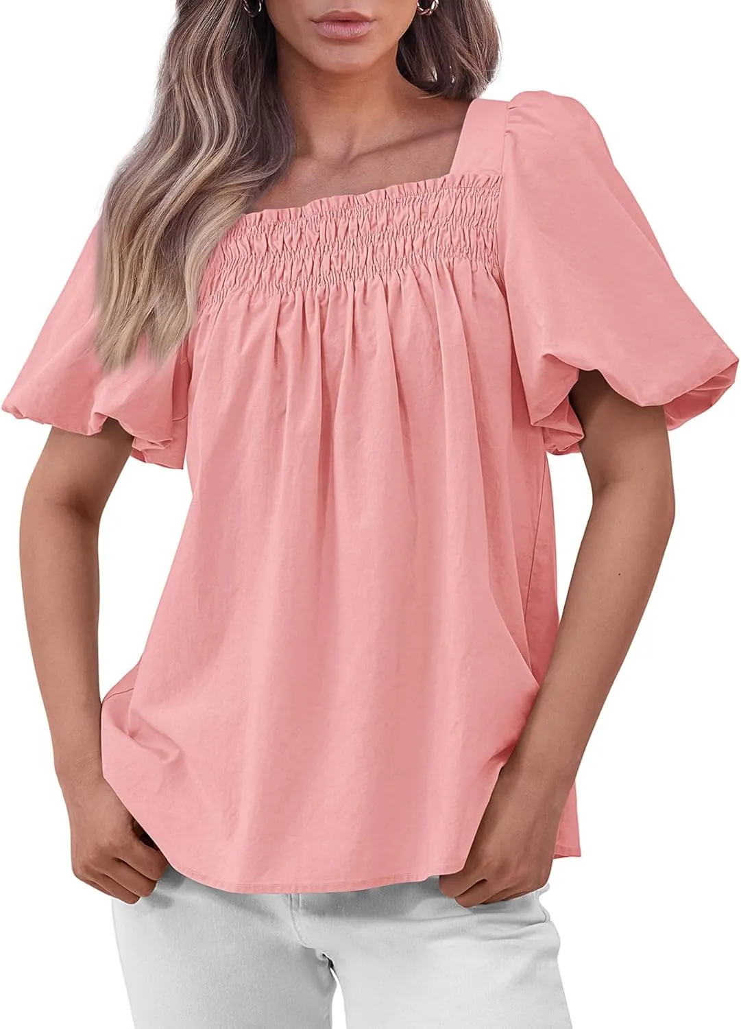 CFLONGE Women's Spring Summer Tops Dressy Casual Puffy Short Sleeve Frill Square Neck Smocked Fashion Tunic Shirts Blouses